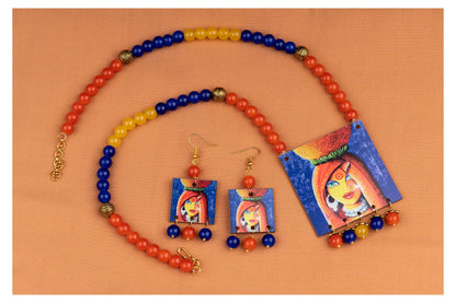 Village Women Painting Print Beaded Necklace Set (Orange, Navy Blue & Yellow)