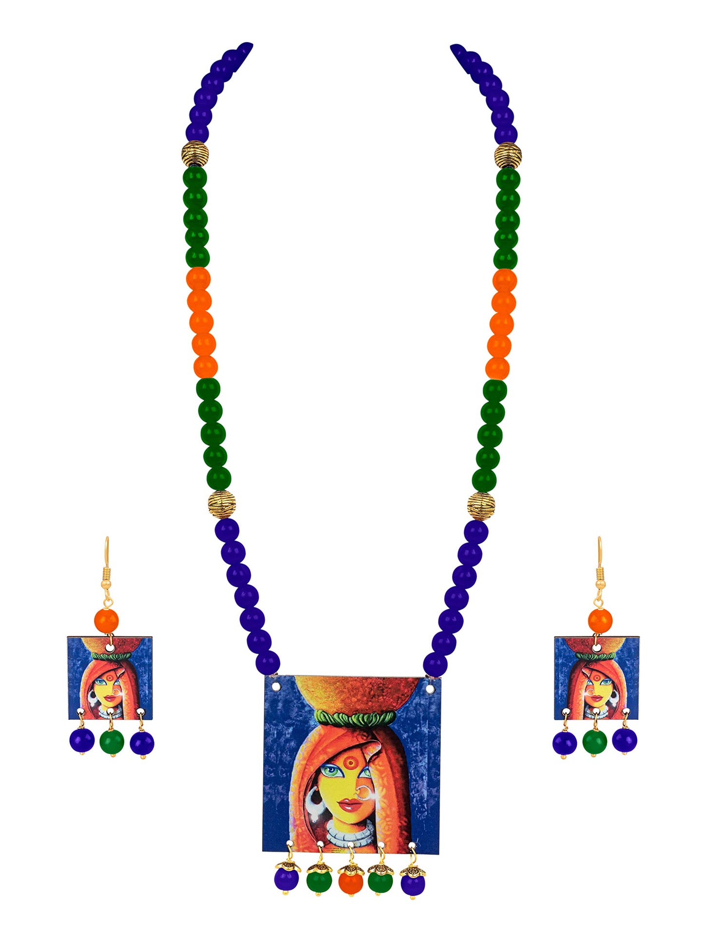 Village Women Painting Print Beaded Necklace Set (Navy Blue, Green & Orange)