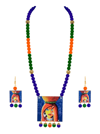 Village Women Painting Print Beaded Necklace Set (Navy Blue, Green & Orange)