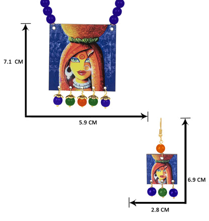 Village Women Painting Print Beaded Necklace Set (Navy Blue, Green & Orange)