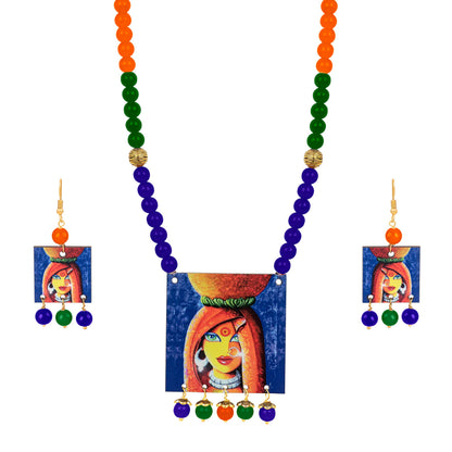 Village Women Painting Print Beaded Necklace Set (Navy Blue, Green & Orange)