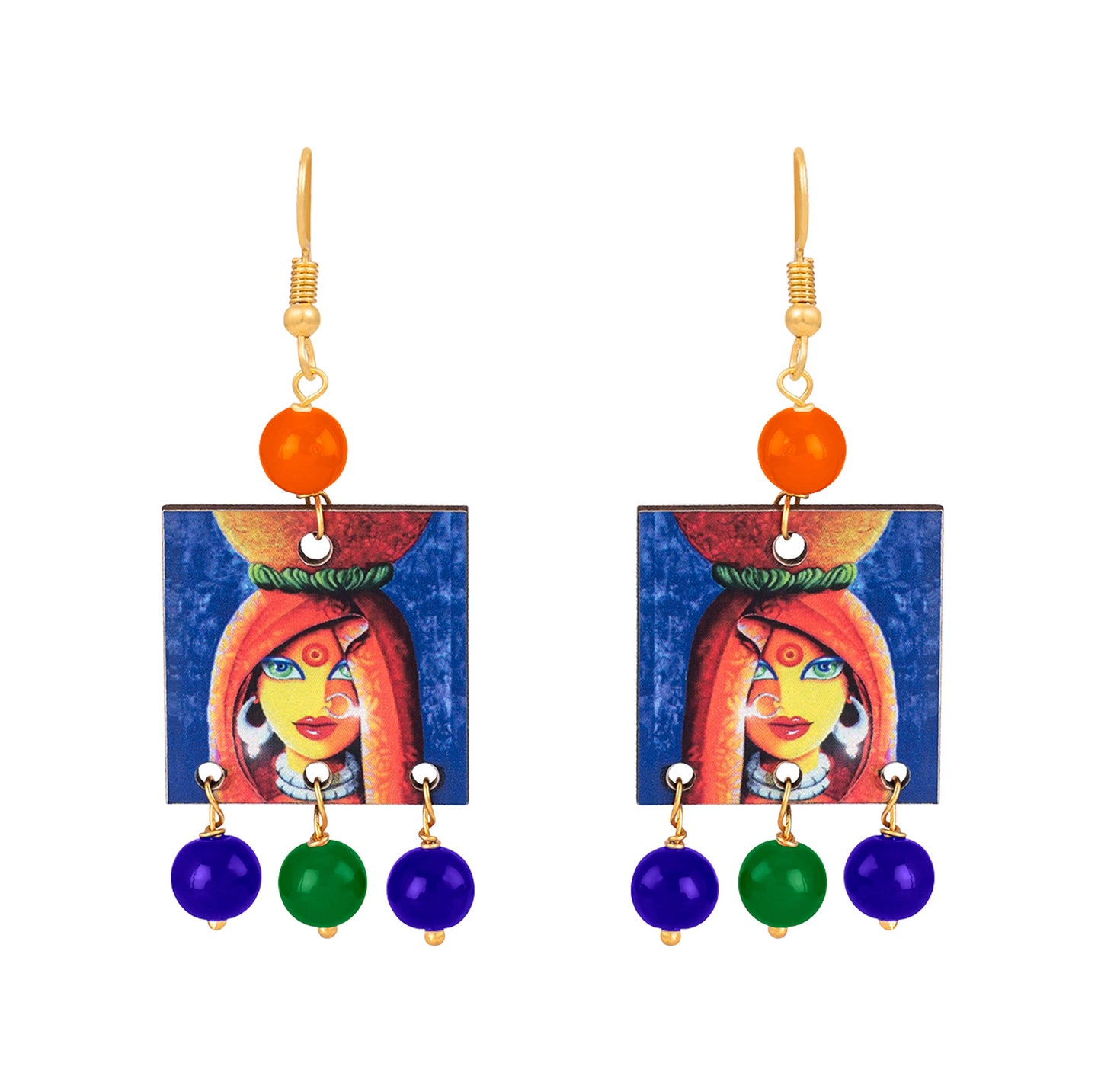 Village Women Painting Print Beaded Necklace Set (Navy Blue, Green & Orange)