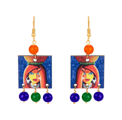 Village Women Painting Print Beaded Necklace Set (Navy Blue, Green & Orange)
