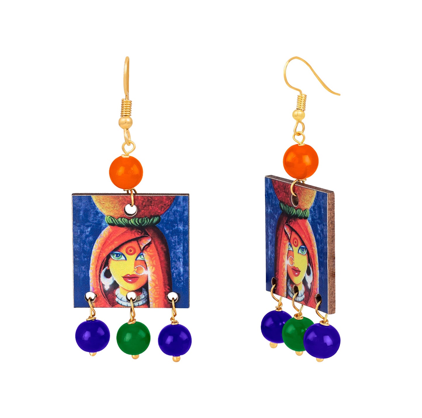 Village Women Painting Print Beaded Necklace Set (Navy Blue, Green & Orange)