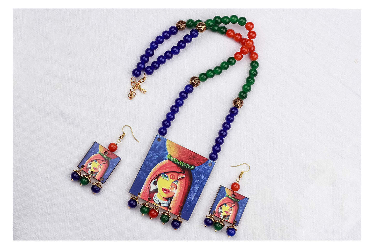 Village Women Painting Print Beaded Necklace Set (Navy Blue, Green & Orange)