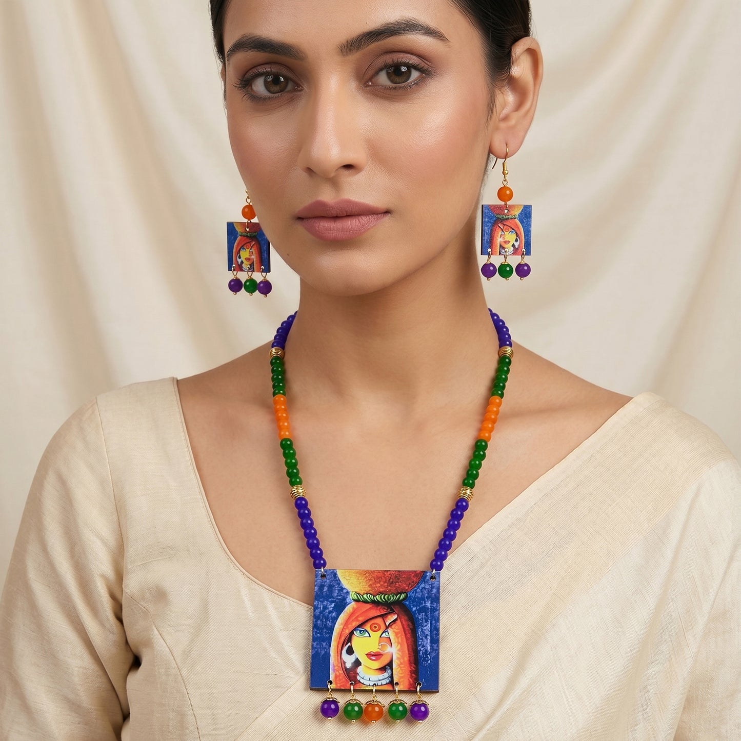 Village Women Painting Print Beaded Necklace Set (Navy Blue, Green & Orange)