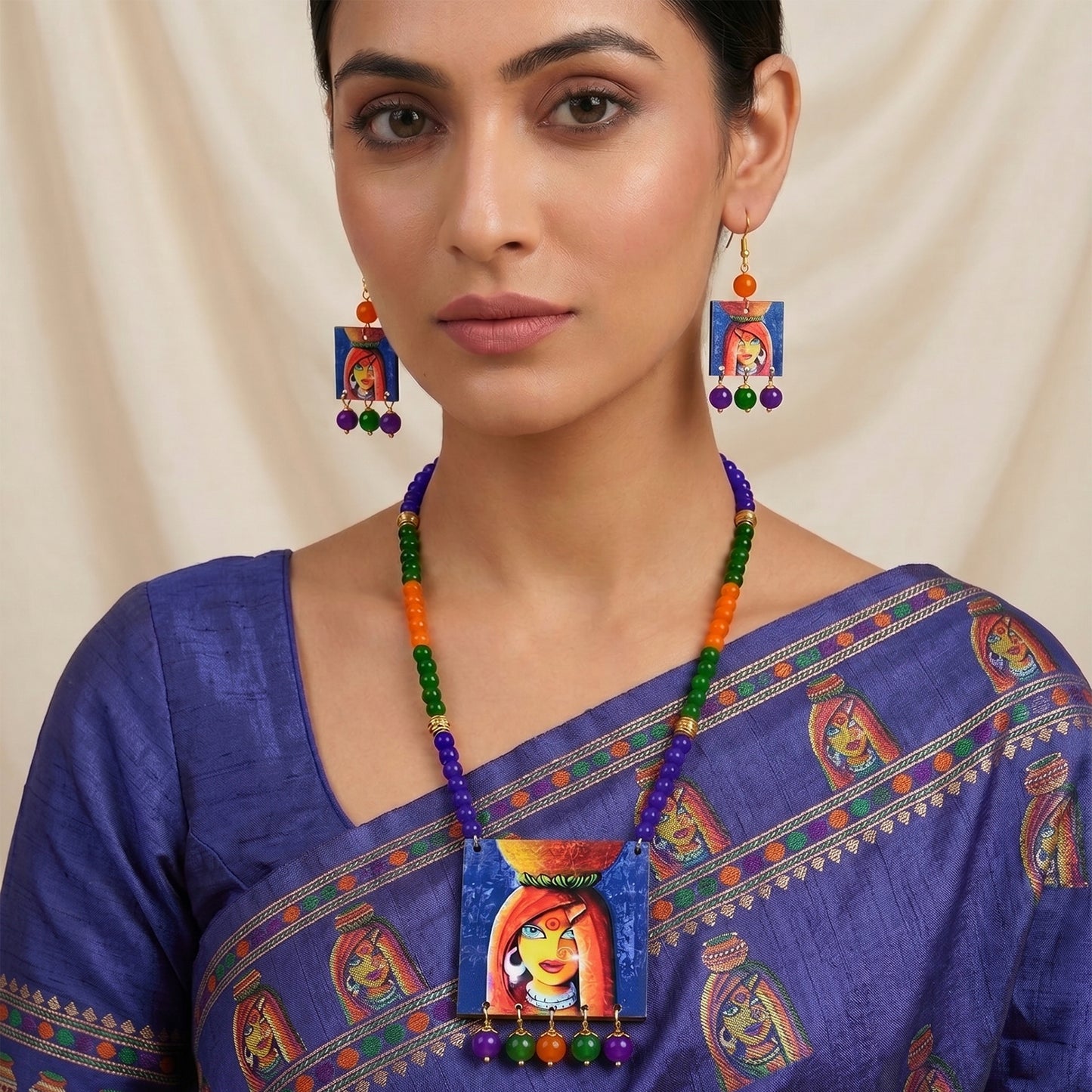 Village Women Painting Print Beaded Necklace Set (Navy Blue, Green & Orange)