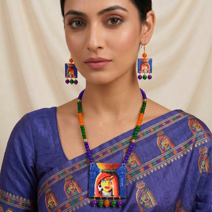 Village Women Painting Print Beaded Necklace Set (Navy Blue, Green & Orange)