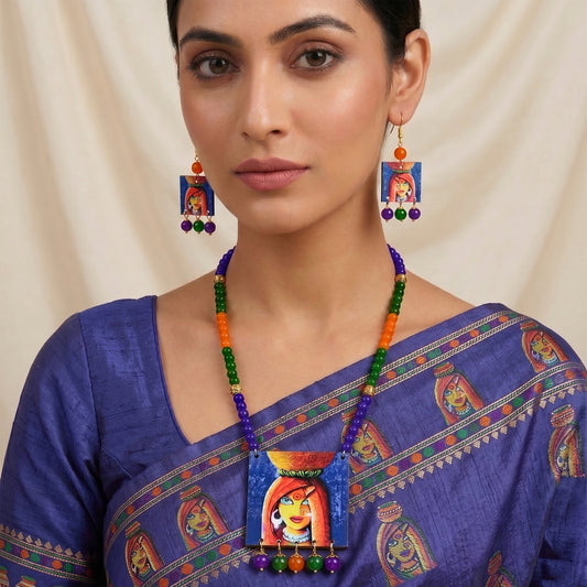 Village Women Painting Print Beaded Necklace Set (Navy Blue, Green & Orange)