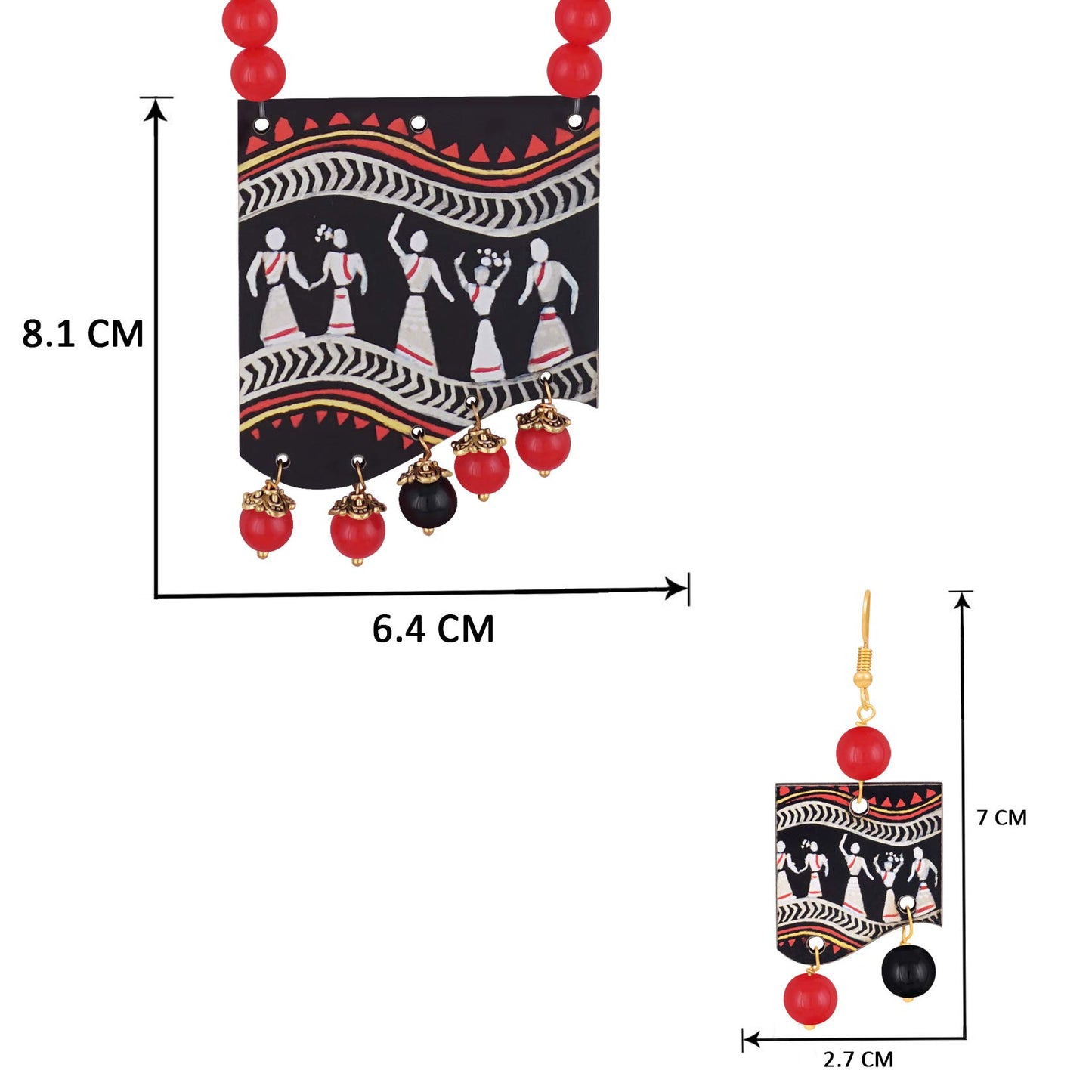 Handmade Warli Art Beaded Necklace Set – Red & Black Ethnic Design