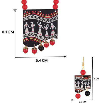 Handmade Warli Art Beaded Necklace Set – Red & Black Ethnic Design