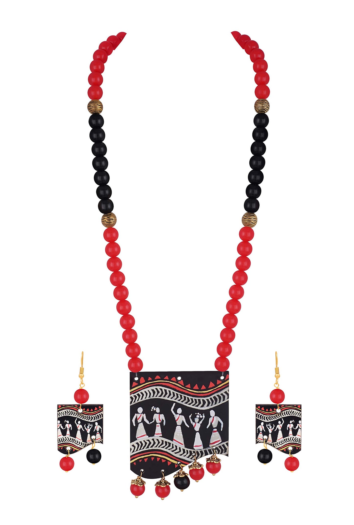 Handmade Warli Art Beaded Necklace Set – Red & Black Ethnic Design