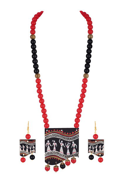 Handmade Warli Art Beaded Necklace Set – Red & Black Ethnic Design