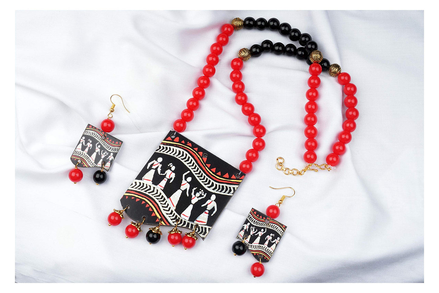 Handmade Warli Art Beaded Necklace Set – Red & Black Ethnic Design