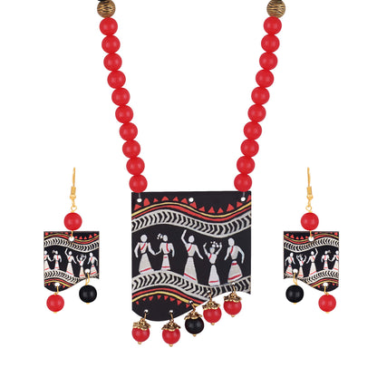 Handmade Warli Art Beaded Necklace Set – Red & Black Ethnic Design