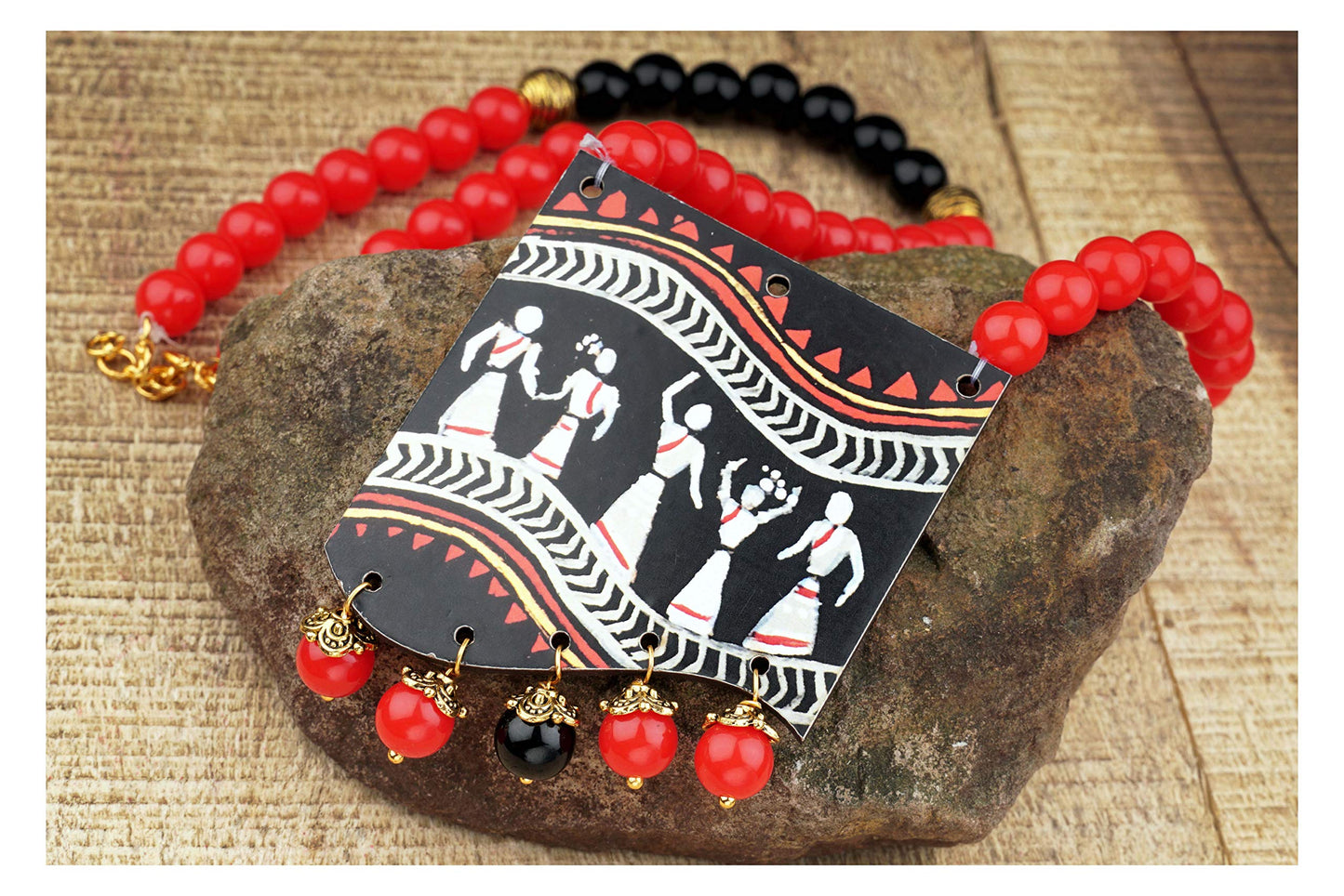 Handmade Warli Art Beaded Necklace Set – Red & Black Ethnic Design