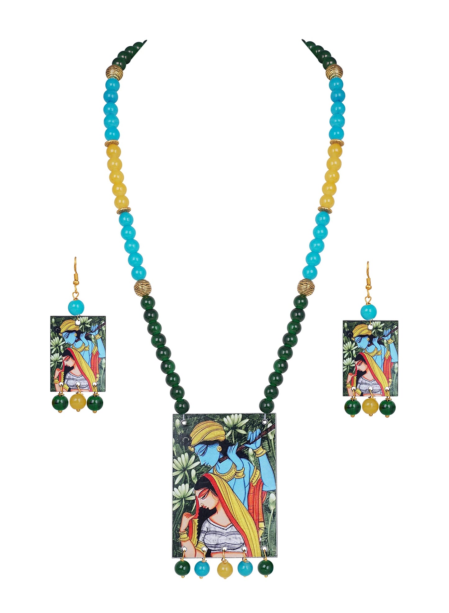 Handcrafted Radha Krishna Pendant Necklace Set – Multicolor Beaded Ethnic Jewelry
