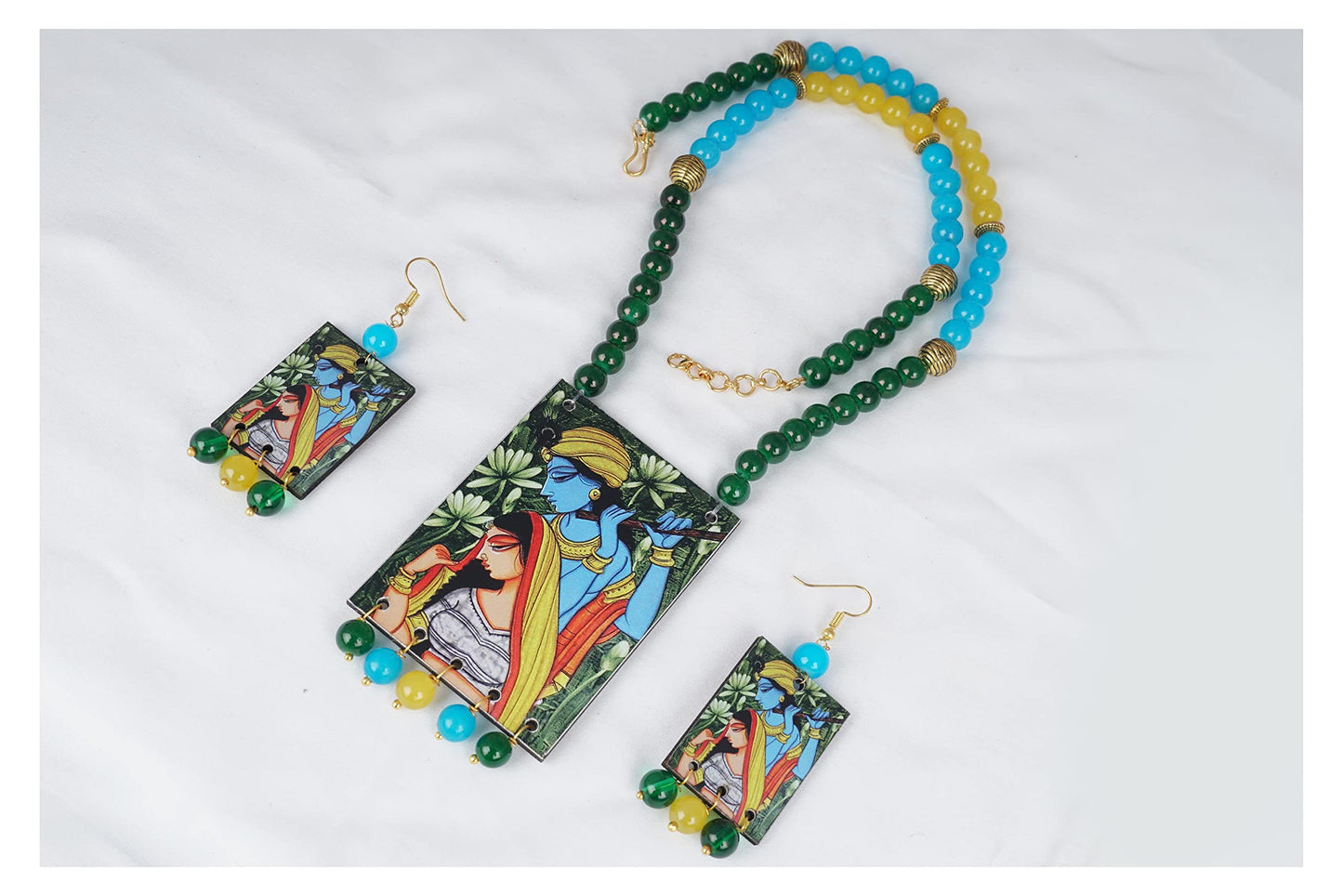 Handcrafted Radha Krishna Pendant Necklace Set – Multicolor Beaded Ethnic Jewelry