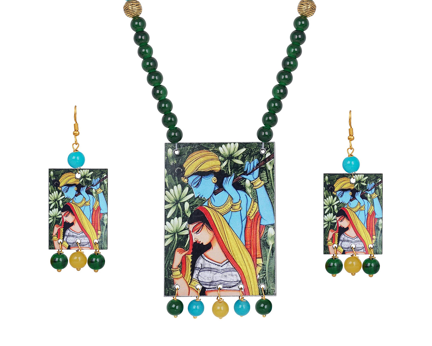 Handcrafted Radha Krishna Pendant Necklace Set – Multicolor Beaded Ethnic Jewelry