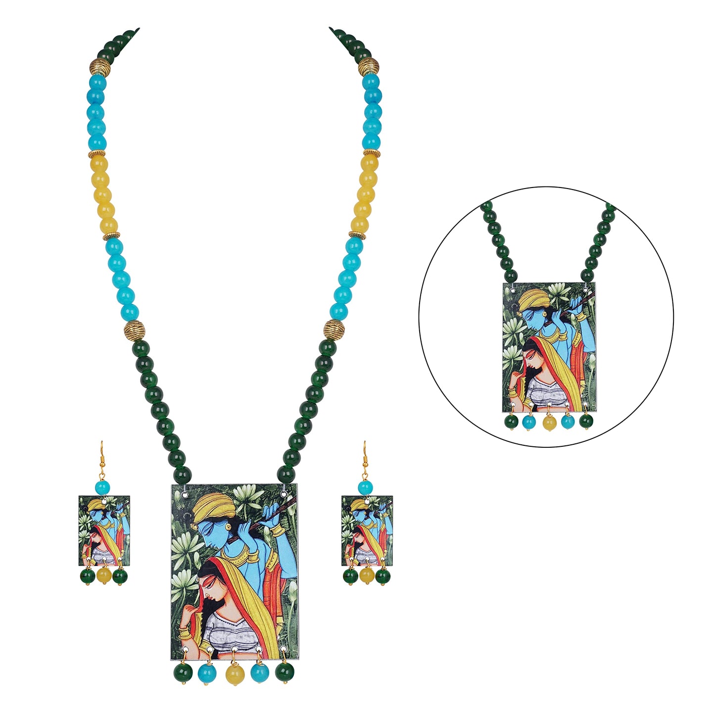 Handcrafted Radha Krishna Pendant Necklace Set – Multicolor Beaded Ethnic Jewelry