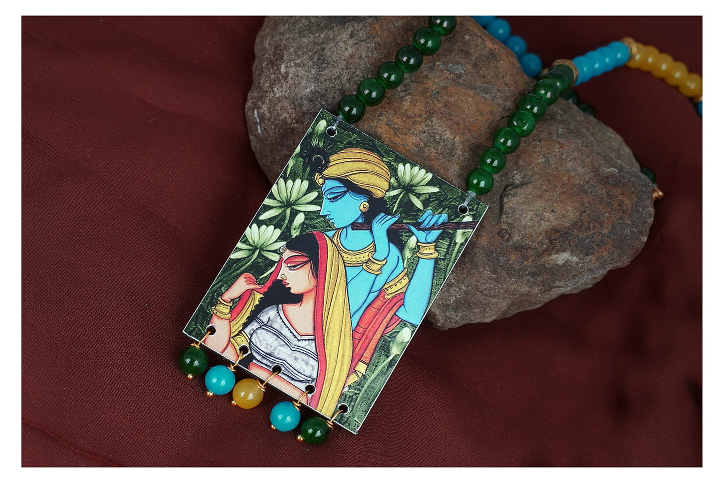 Handcrafted Radha Krishna Pendant Necklace Set – Multicolor Beaded Ethnic Jewelry