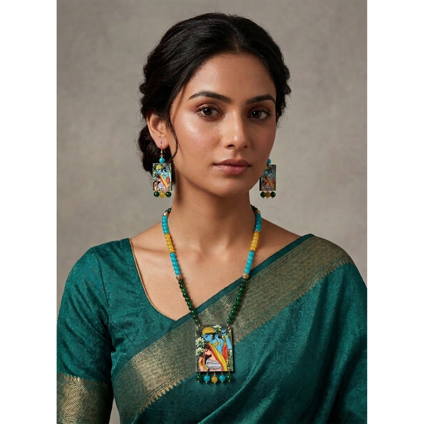 Handcrafted Radha Krishna Pendant Necklace Set – Multicolor Beaded Ethnic Jewelry