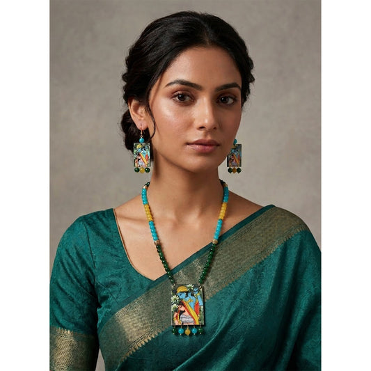 Handcrafted Radha Krishna Pendant Necklace Set – Multicolor Beaded Ethnic Jewelry
