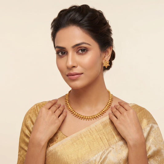 Gold Plated Design Necklace Set With Stud Earrings .