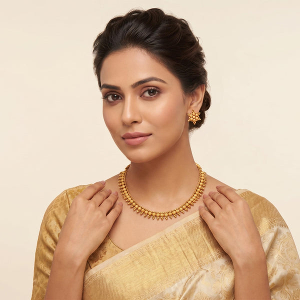 Gold Plated Design Necklace Set With Stud Earrings .