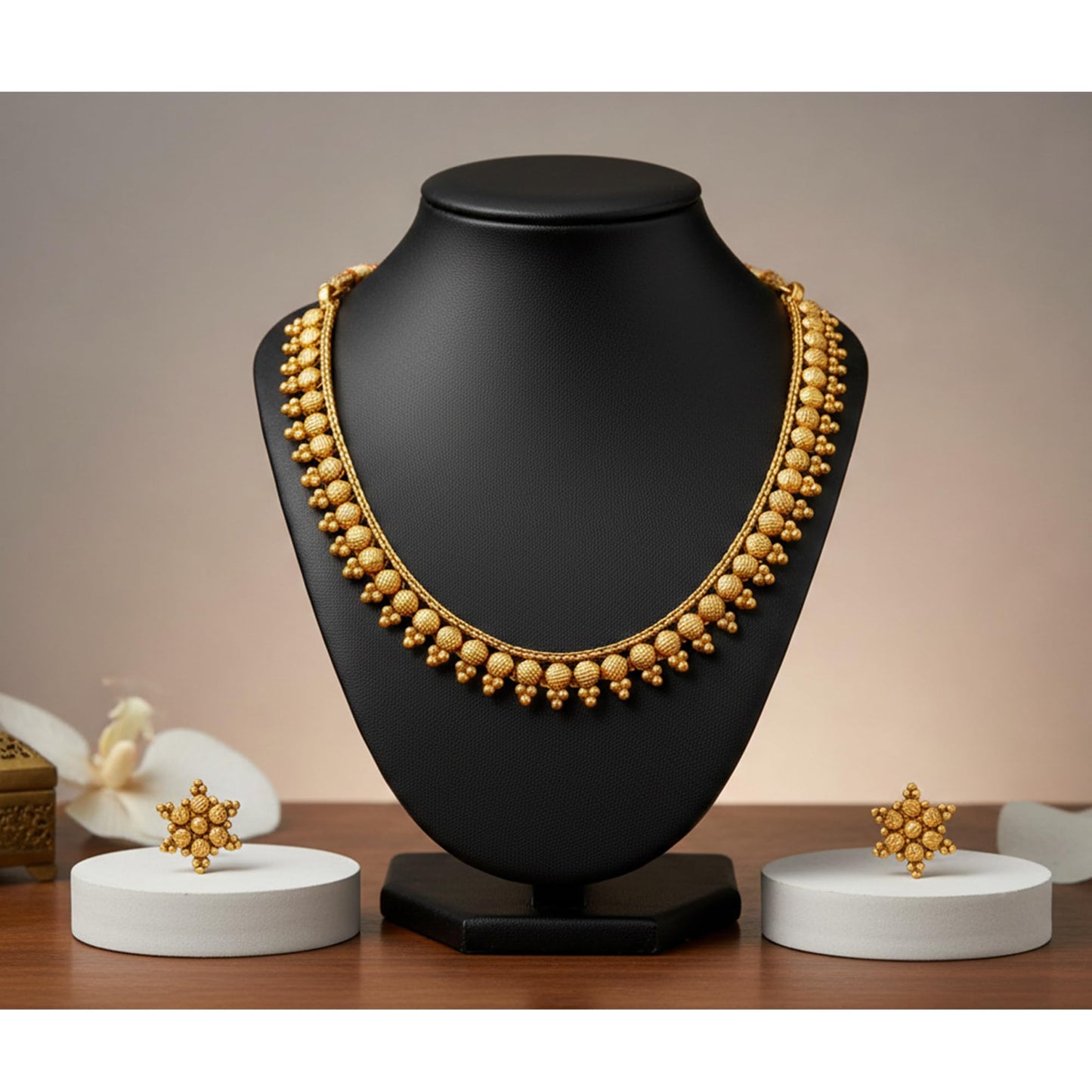 Gold Plated Design Necklace Set With Stud Earrings .