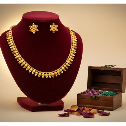 Gold Plated Design Necklace Set With Stud Earrings .