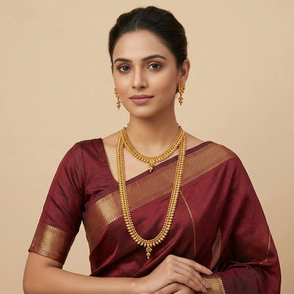 Gold Plated Heart & Leaf Necklace Set – Layered Choker and Long Strand Design