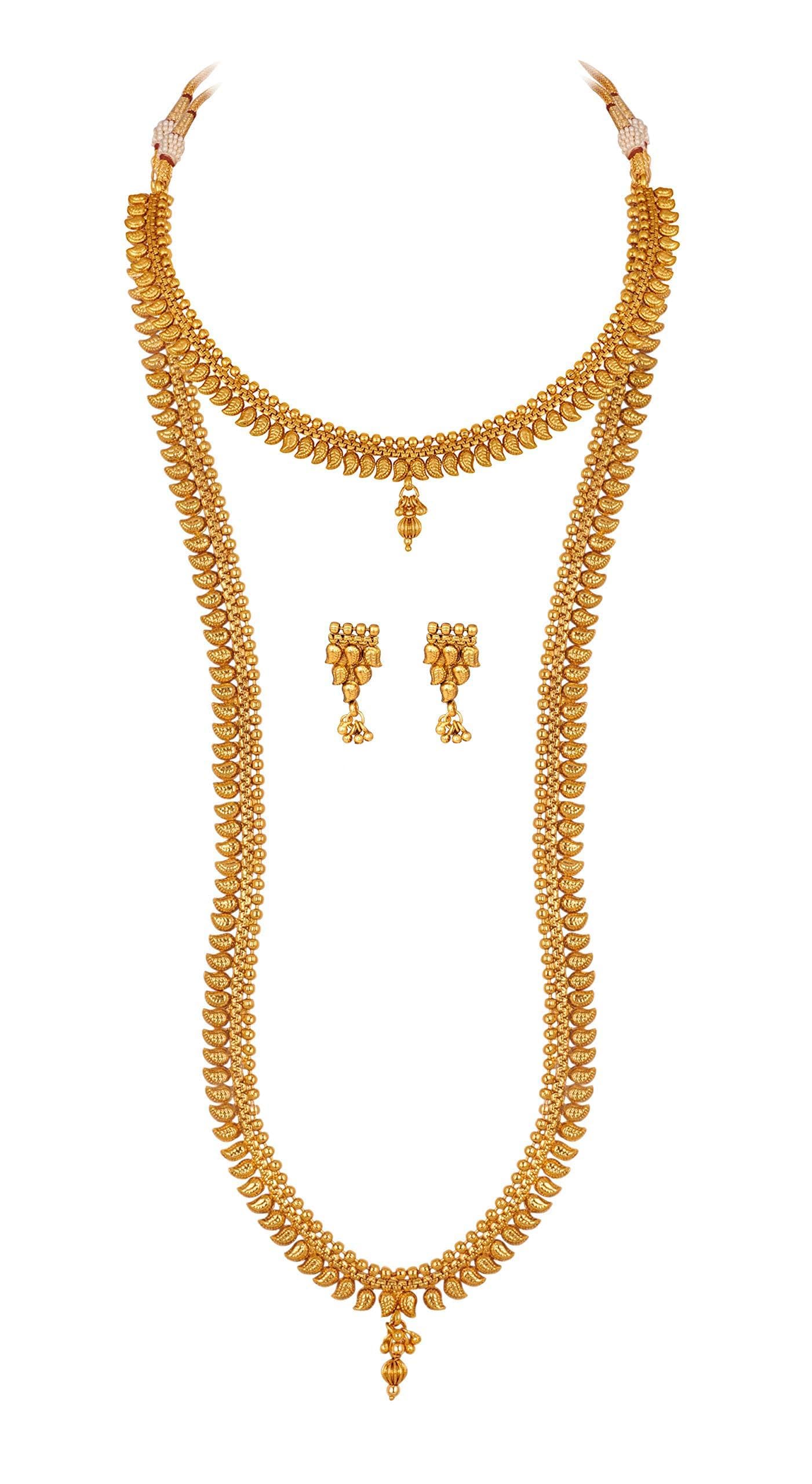 Gold Plated Heart & Leaf Necklace Set – Layered Choker and Long Strand Design