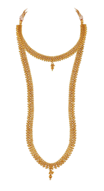 Gold Plated Heart & Leaf Necklace Set – Layered Choker and Long Strand Design