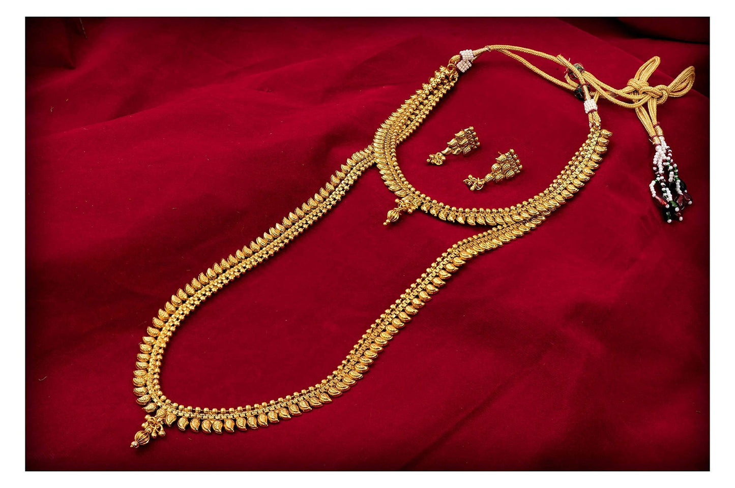 Gold Plated Heart & Leaf Necklace Set – Layered Choker and Long Strand Design