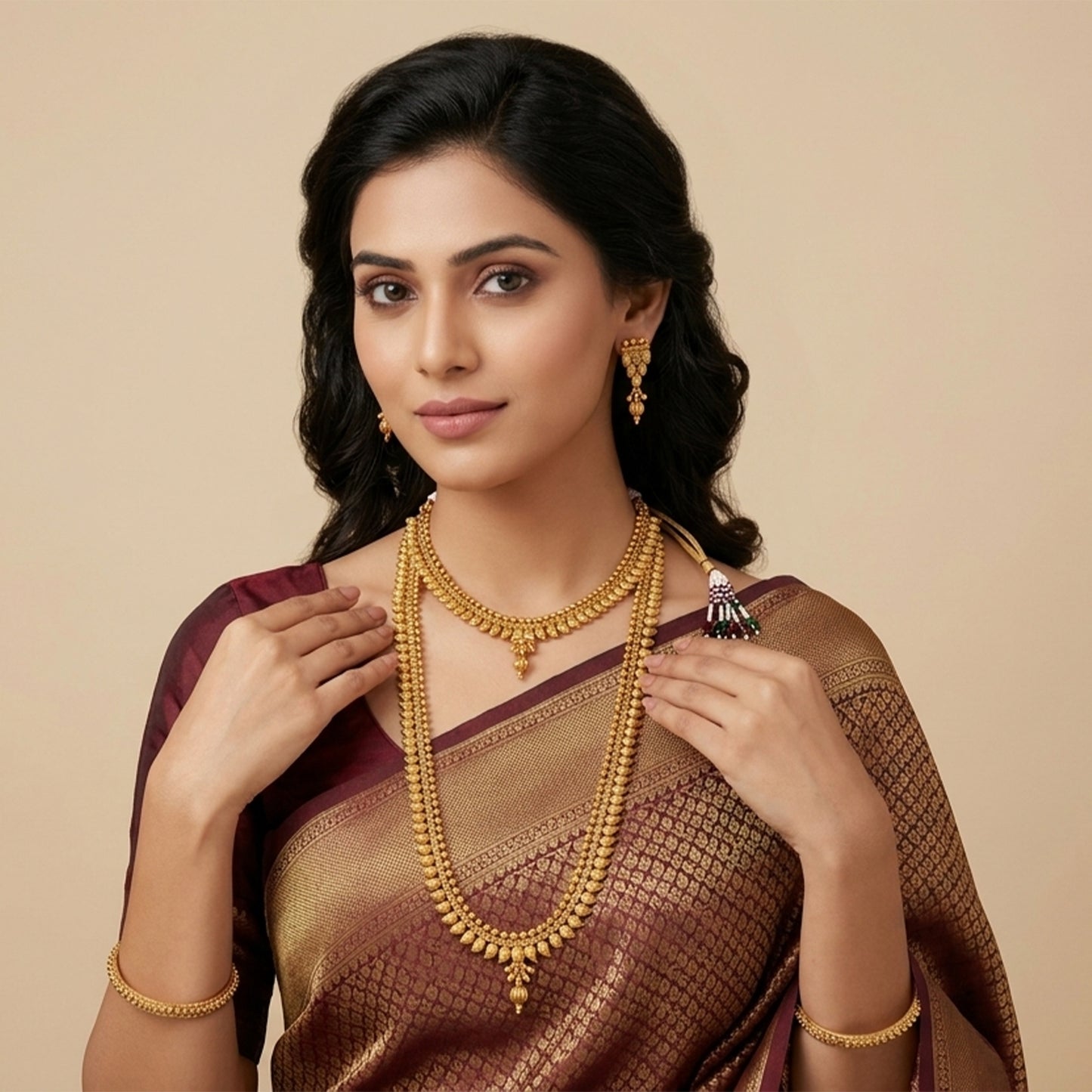 Gold Plated Heart & Leaf Necklace Set – Layered Choker and Long Strand Design