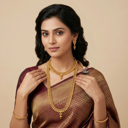 Gold Plated Heart & Leaf Necklace Set – Layered Choker and Long Strand Design