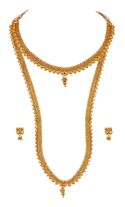 Gold Plated Leaf Design Necklace Set – Unique Long and Short Strand Layers
