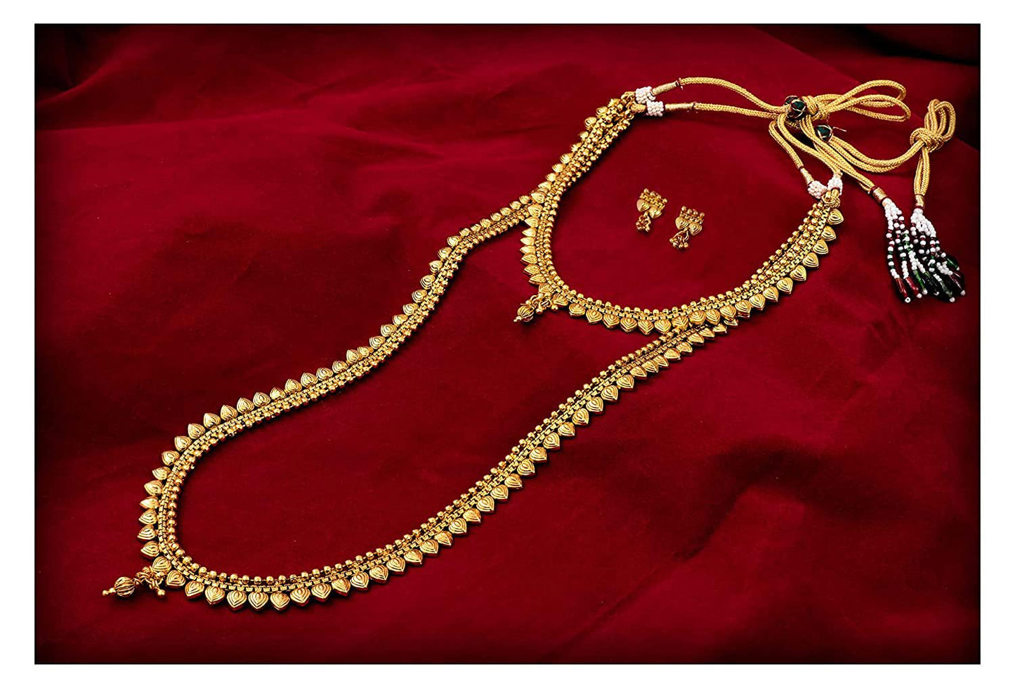 Gold Plated Leaf Design Necklace Set – Unique Long and Short Strand Layers