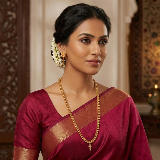 One Gram Gold Plated Patta Golden Bead Design Long Necklace Set With Adjustable Thread