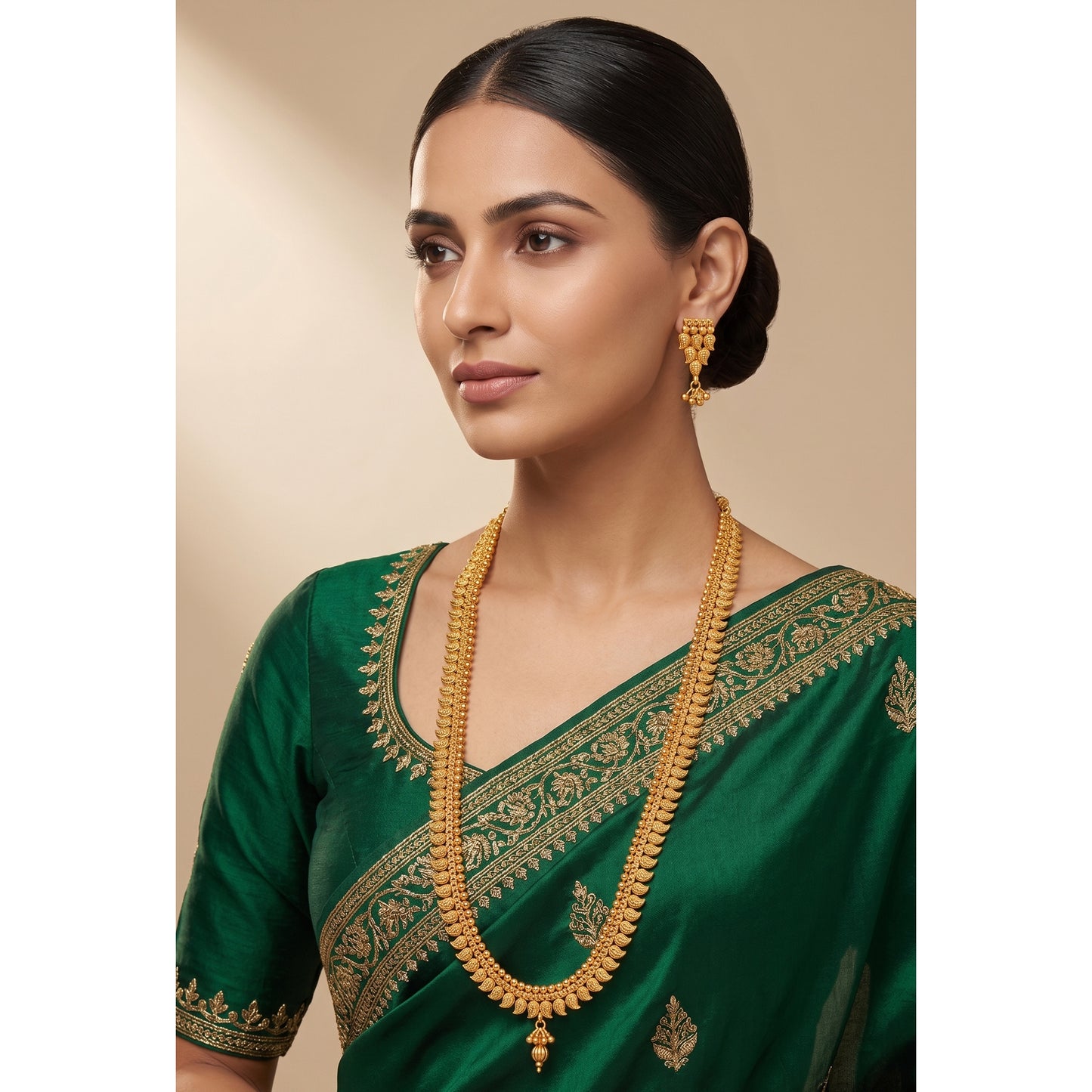 Gold Plated Leaf Collection Long Strand Necklace Set With Adjustable Thread (Gold)