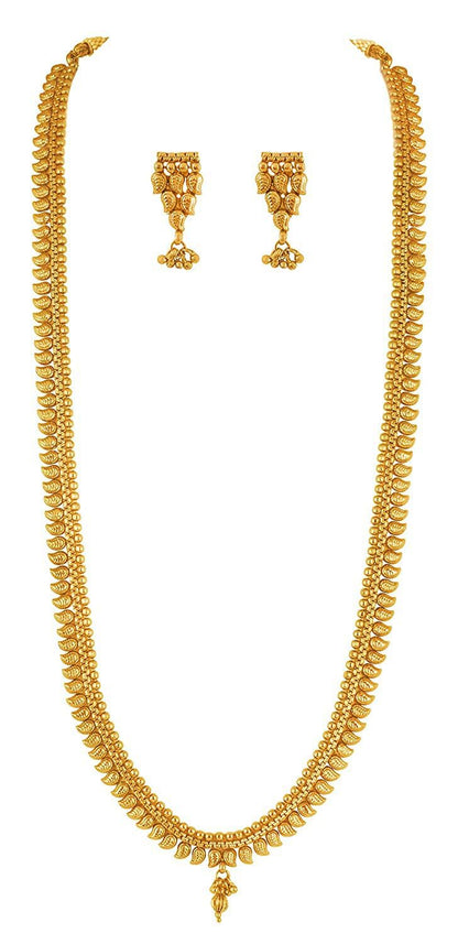Gold Plated Leaf Collection Long Strand Necklace Set With Adjustable Thread (Gold)