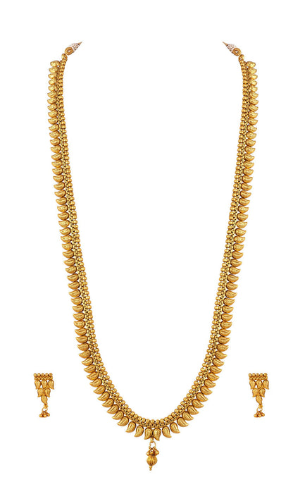 Gold Plated Leaf Collection Long Strand Necklace Set With Adjustable Thread (Gold)