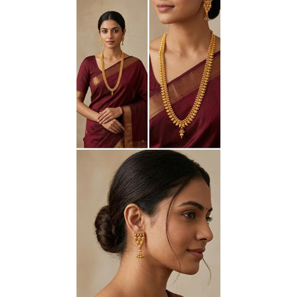 Gold Plated Leaf Collection Long Strand Necklace Set With Adjustable Thread (Gold)