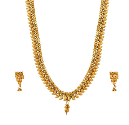 Gold Plated Leaf Collection Long Strand Necklace Set With Adjustable Thread (Gold)