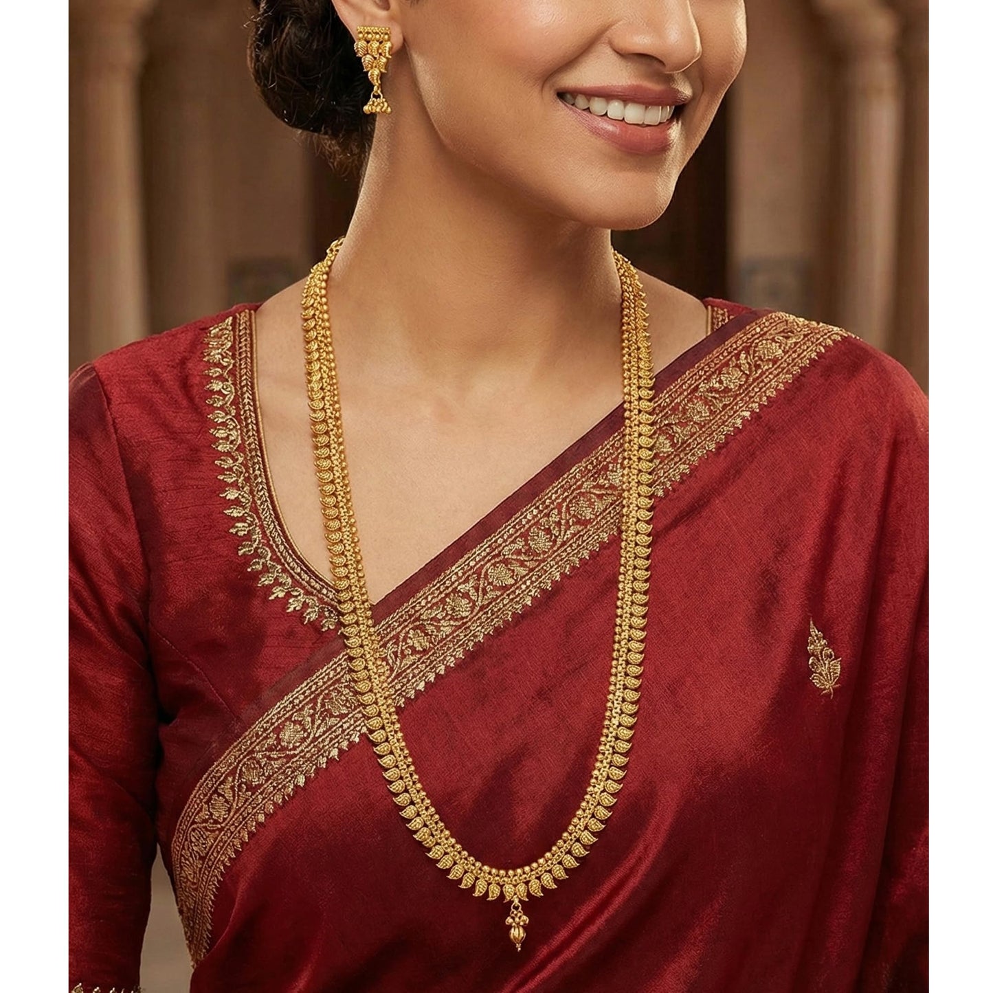 Gold Plated Leaf Collection Long Strand Necklace Set With Adjustable Thread (Gold)