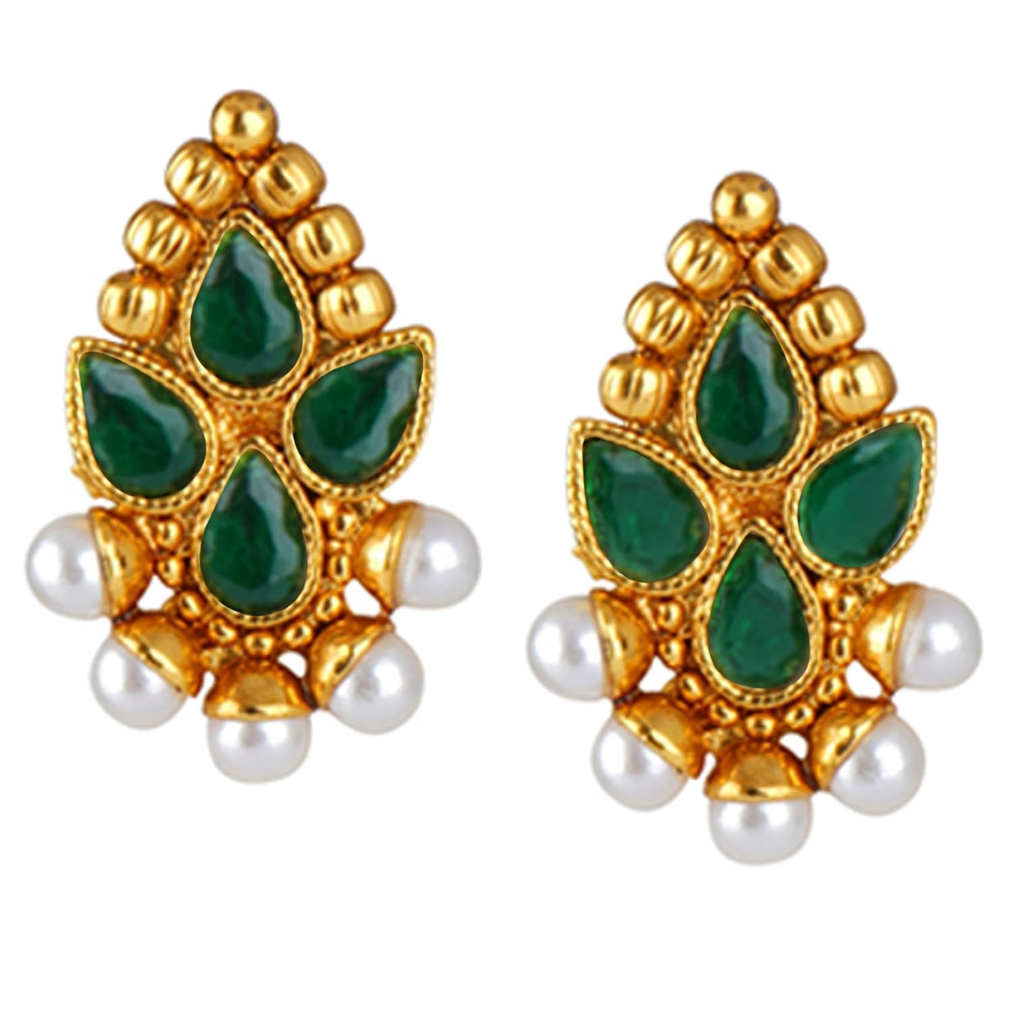 Gold Plated Necklace Set Studded With Green Stones And Embelished With Pearls