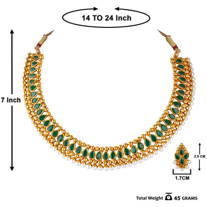 Gold Plated Necklace Set Studded With Green Stones And Embelished With Pearls
