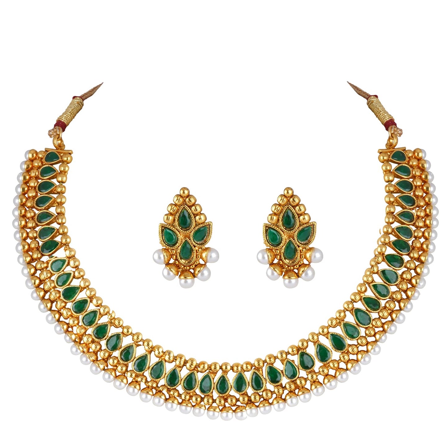 Gold Plated Necklace Set Studded With Green Stones And Embelished With Pearls