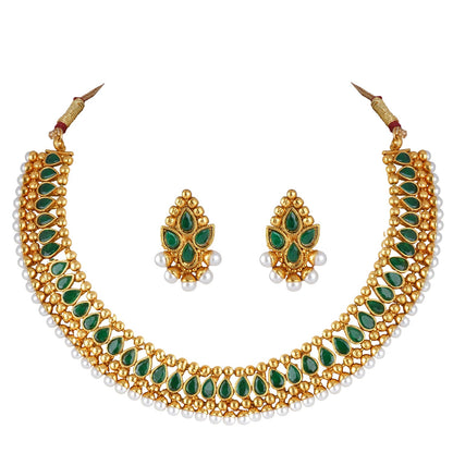 Gold Plated Necklace Set Studded With Green Stones And Embelished With Pearls